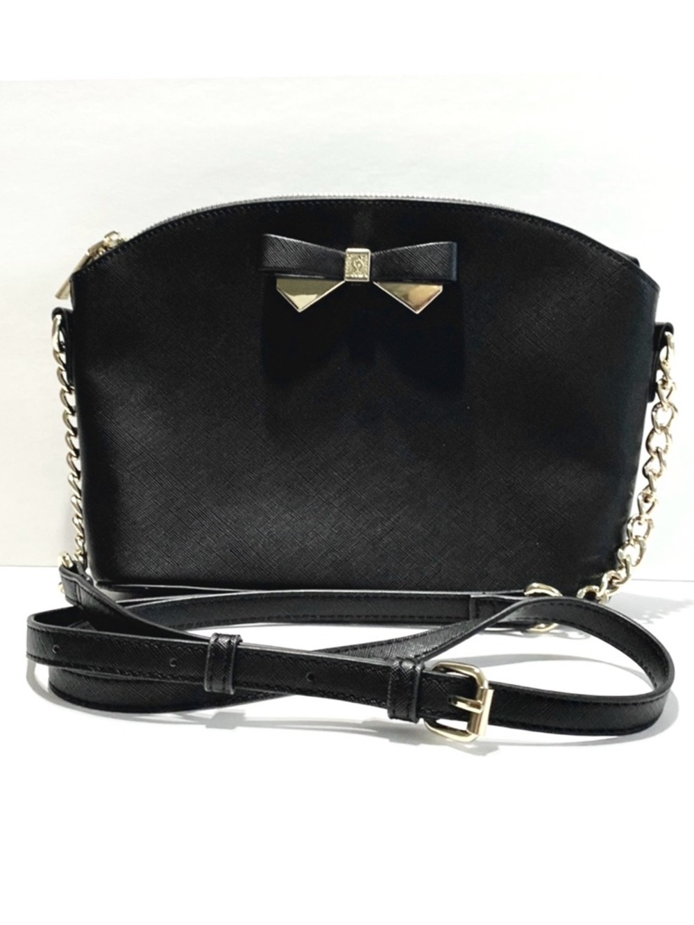 Anne Klein Black Patent Faux Leather Croc-Embossed Crossbody Gold Bow Chain NWOT